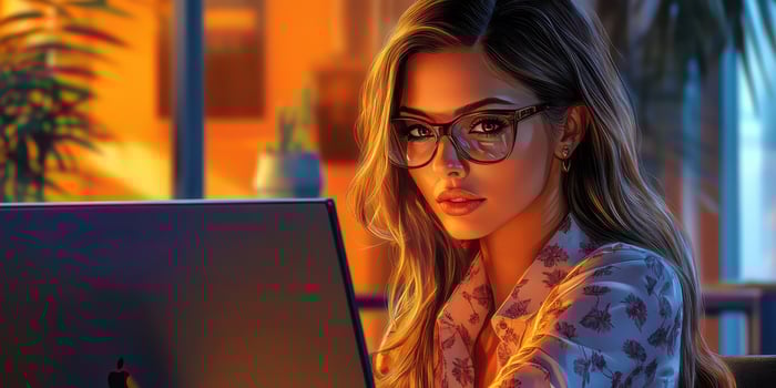 Young woman working late at night on laptop in modern indoor setting with warm lighting photo