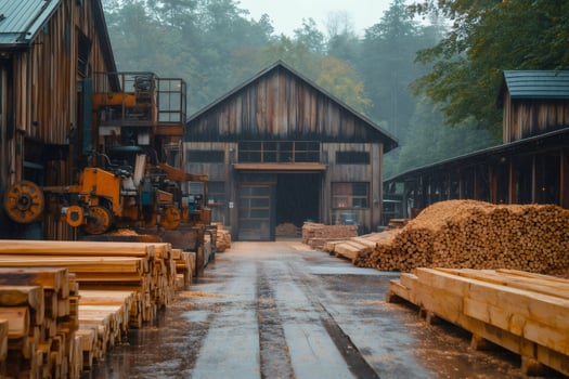 Sawmill processing wood in the rain, timber industry photo