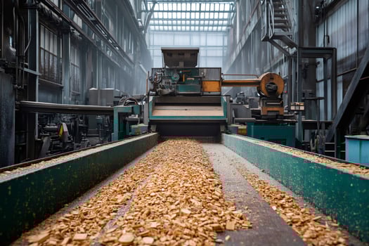 Wood chips moving on conveyor belt in lumber mill photo