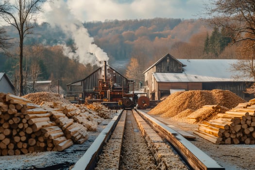 Steam powered sawmill processing logs into lumber in winter photo