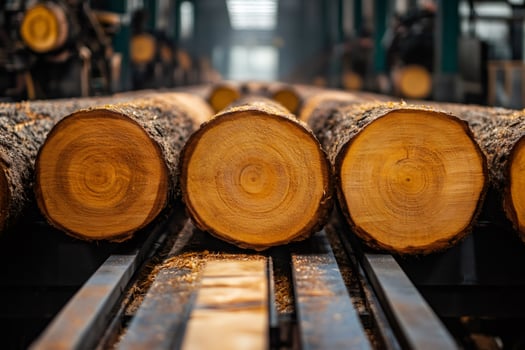 Logs are moving along conveyor belt at sawmill. Wood production industry photo