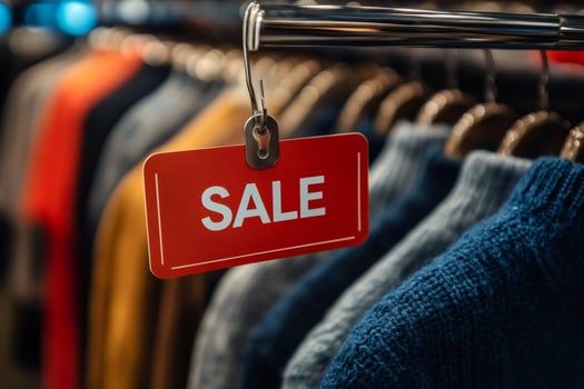 Red sale sign hanging in a clothing store displaying winter clothes photo