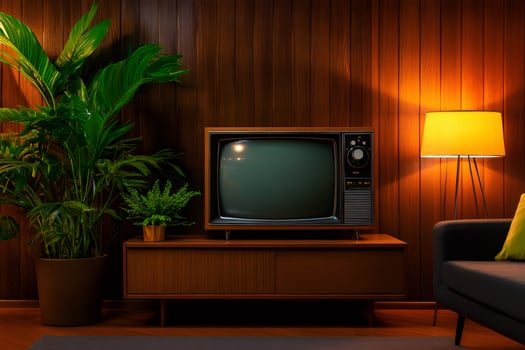 Vintage television set in cozy room with wooden paneling and houseplants photo