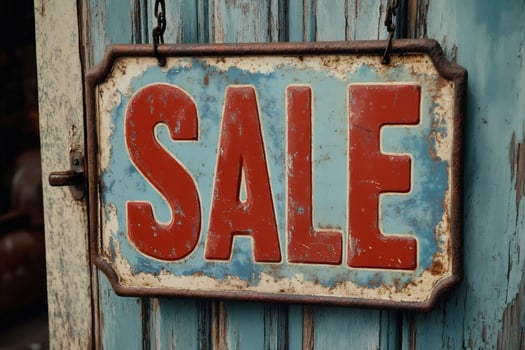 Old weathered metal sale sign hanging on wooden door photo
