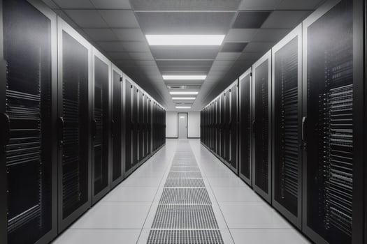 Server room corridor with data cabinets hosting cloud computing services photo
