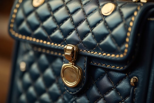 Close up of quilted leather handbag showing golden clasp and stitching photo