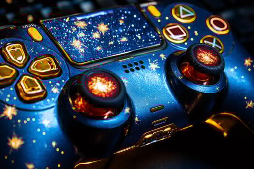 Customized gamepad controller shining with golden glittering stars on dark background photo