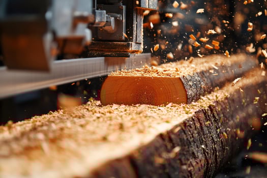 Modern woodworking machine cutting a log, producing woodchips and sawdust photo