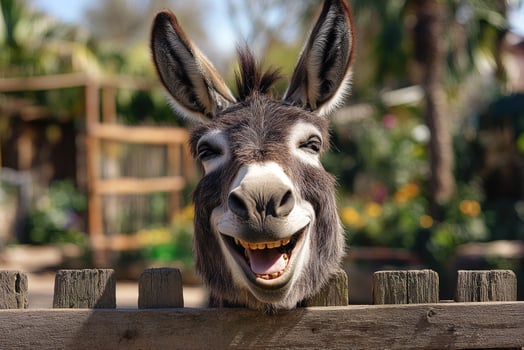 Donkey smiling showing teeth behind wooden fence in farmyard photo