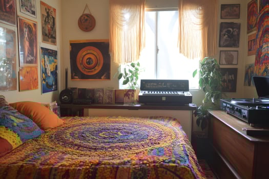 Bohemian style bedroom decorated with posters and musical instruments showing a hippie lifestyle photo