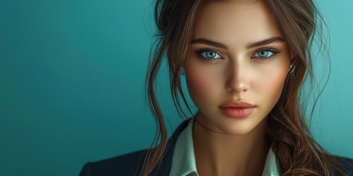 Model poses with striking gaze against a solid blue backdrop showcasing elegance and confidence in an indoor setting photo