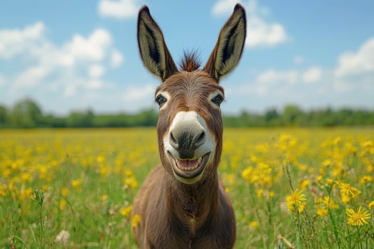Donkey smiling in a field of yellow flowers on a sunny day photo