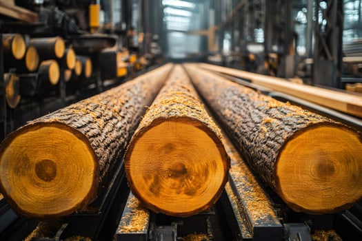 Freshly cut logs moving along conveyor belt in sawmill . photo
