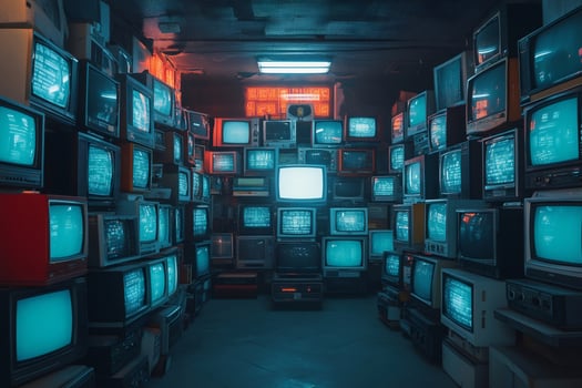 Room full of vintage televisions showing static noise and glitch effect photo