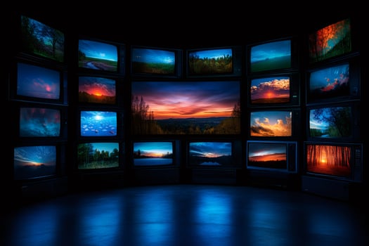 Televisions showing nature videos in dark room create immersive experience photo