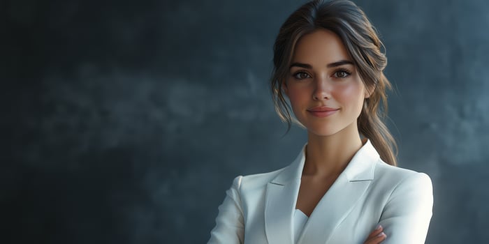 Confident young woman in professional attire poses against a dark background in a studio setting during evening hours photo