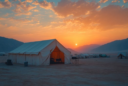Desert glamping camp at sunrise with colorful sky and mountains photo