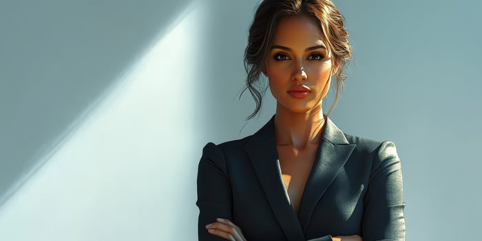 Confident businesswoman stands in modern office with natural light highlighting her features photo