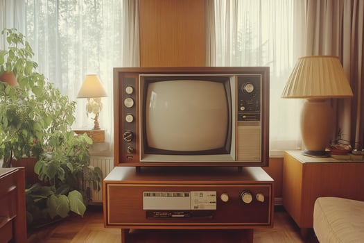Old fashioned television set displayed in cozy retro living room photo