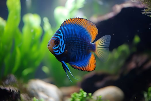 Discus fish swimming in a lush green aquarium photo