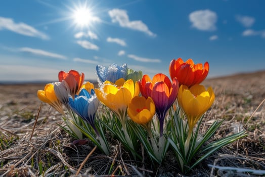 Colorful crocuses blooming under the bright spring sun photo
