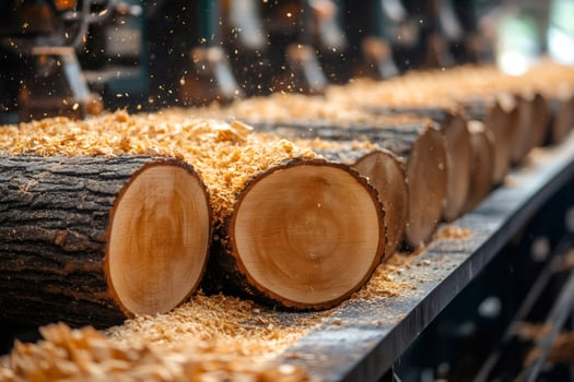 Freshly cut logs moving along conveyor belt in sawmill. photo