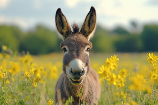 Donkey smiling in a field of yellow flowers on a sunny day. photo