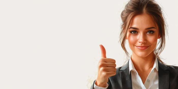 Confident businesswoman giving thumbs up in a professional attire with a warm smile photo