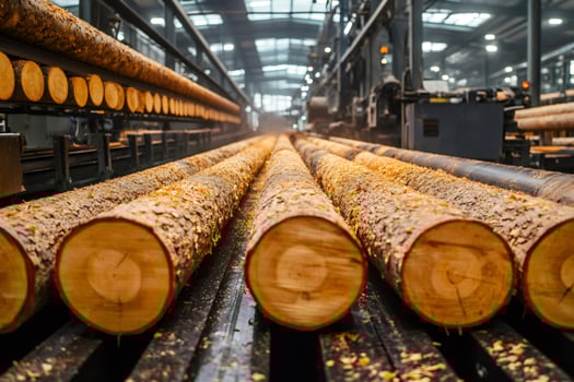 Freshly cut logs are being processed inside a modern lumber mill photo