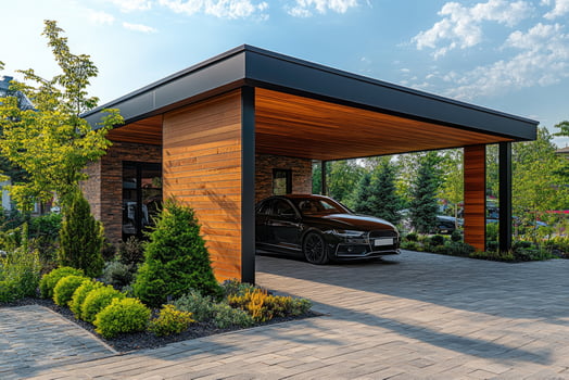 Modern carport with sleek black car and lush landscaping photo