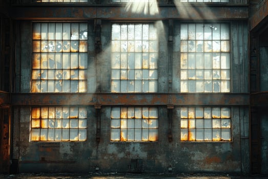 Sunbeams illuminating derelict industrial building through broken windows photo