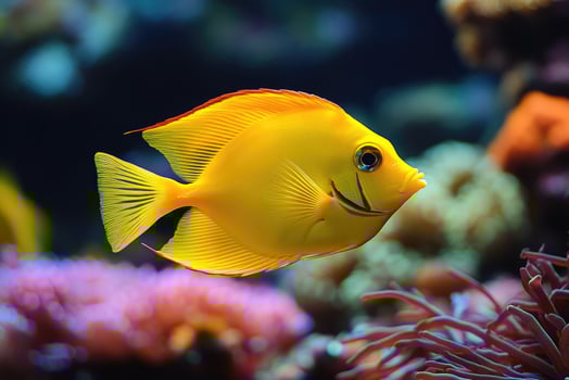 Vibrant yellow tang swimming in coral reef photo