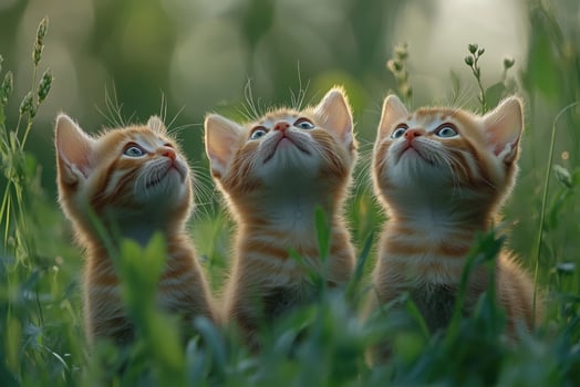 Three curious kittens looking up in green grass. photo