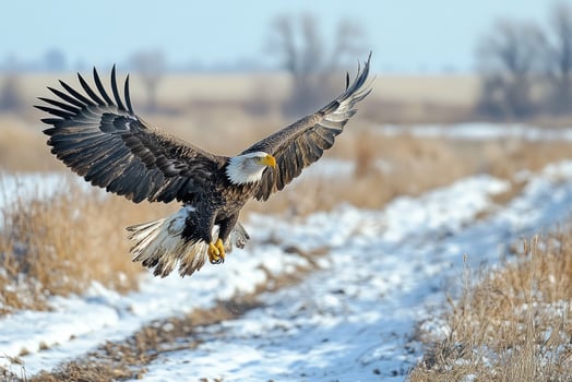 Majestic bald eagle soaring over snowy field photo