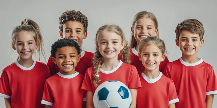 Group of smiling children in red soccer jerseys posing with a ball in a studio environment photo