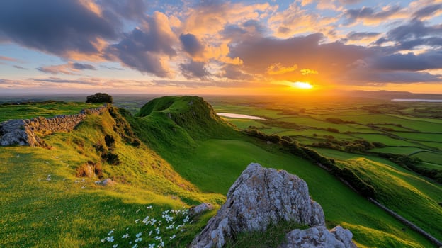 Breathtaking sunset over rolling green hills in Irish countryside with dramatic clouds photo