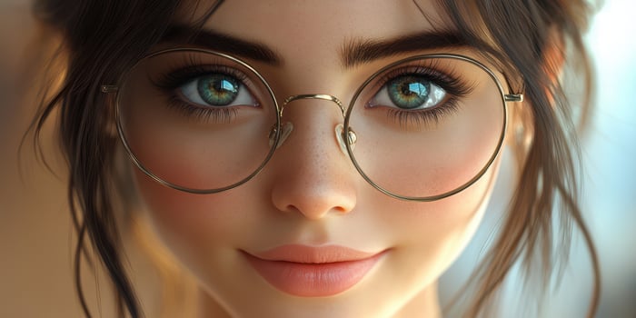Young person with glasses smiling in bright light, showcasing clear skin and expressive eyes photo