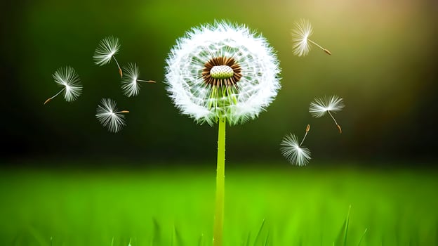 A close-up of a dandelion puff releasing seeds into the gentle breeze on a sunny day photo