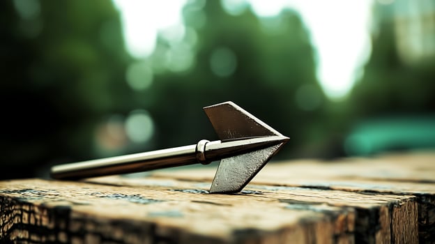 A close-up of a metallic arrowhead resting on a wooden surface in a lush green outdoor setting photo