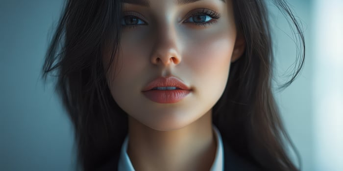 Young woman with elegant features posed indoors during warm lighting, showcasing natural beauty and confidence in a stylish outfit photo