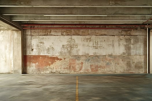 Urban parking garage with weathered concrete walls photo