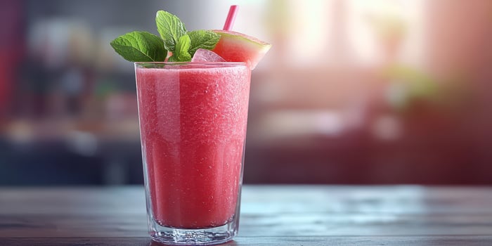 Refreshing watermelon smoothie served on a wooden table in a bright indoor setting photo