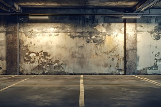 Weathered concrete wall in empty parking garage photo