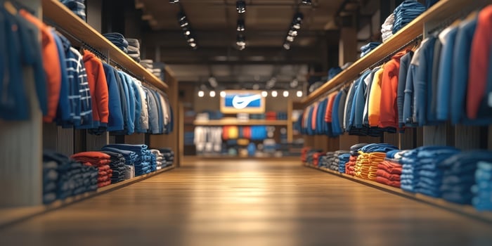 Colorful display of folded clothes in modern retail store showcasing various styles and neatly organized sections photo