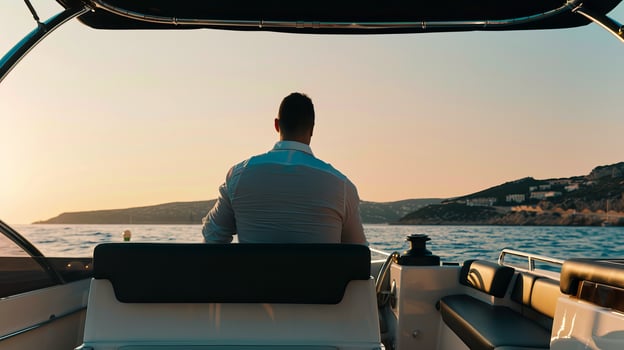 Caucasian male enjoying sunset on luxury boat ride in scenic ocean setting photo