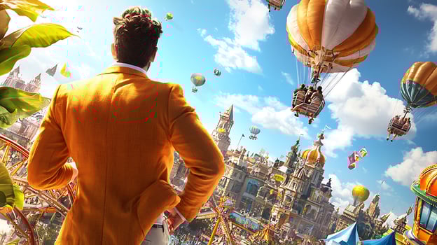 A man in an orange suit gazes at a vibrant amusement park filled with hot air balloons photo