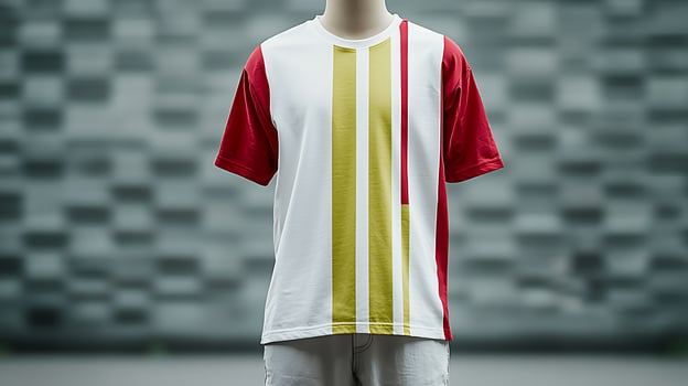 A mannequin displays a modern, stylish shirt featuring red and yellow stripes against a textured background photo