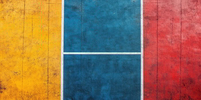 Colorful concrete texture with red, blue, and yellow sections in a geometric pattern near an outdoor sports facility photo