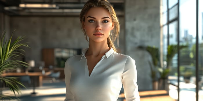 Business professional posing in modern office space with natural lighting during daytime photo