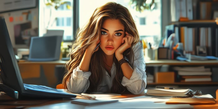 Young woman sitting at desk with paperwork and laptop in a bright office environment during daytime hours photo